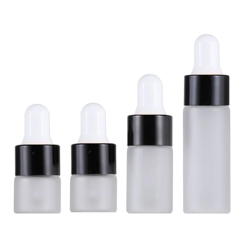 100Pcs Rubber Top Pipette Bottle 1ml 2ml 3ml 5ml Glass Frosted Vials Black Ring White Top Cosmetic Refillable Small Sample Vials