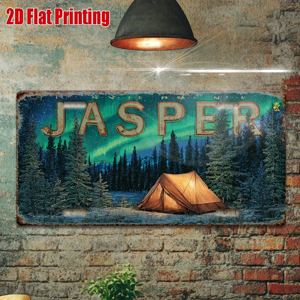 2D Flat - 2D Printed Sign, 1pc, Vintage Metal Plaque, Outdoor Wall Decoration, Jasper Aluminum Sign, Featuring Tent And Aurora D
