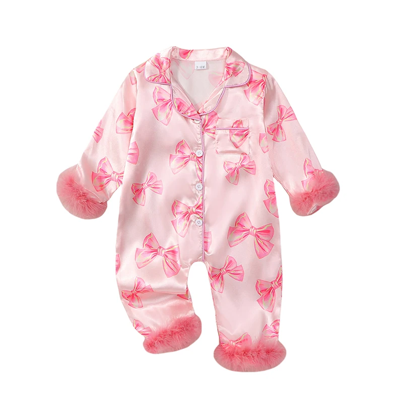 VISgogo Baby Girls Pajamas Long Sleeve Bow Print Furry Patchwork Button Closure Jumpsuit Sleepwear Loungewear