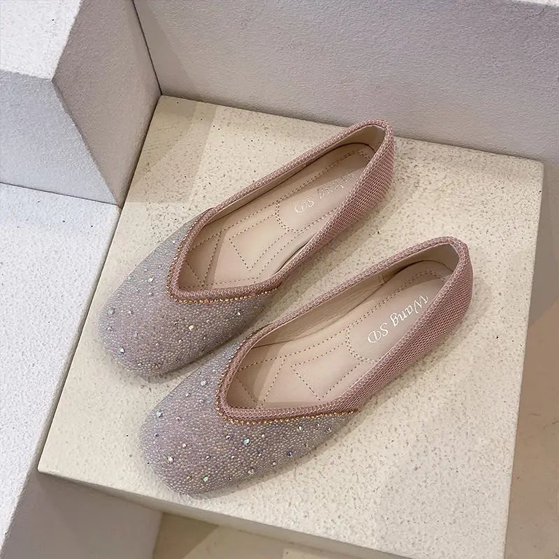 Buty dla kobiet 2024 Diamond Flats Damskie letnie obuwie Płaskie kwadratowe palce Różowe z kryształkami Rhinestone Office 39 Beau Today E