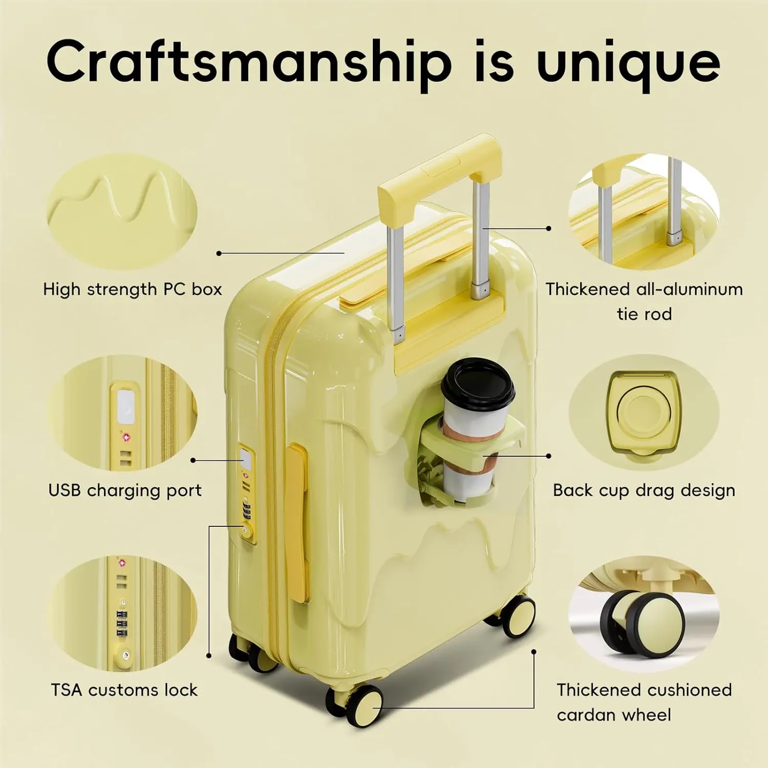 

Легкий чемодан на колесиках с твердой поверхностью для ПК, одобренный авиакомпанией, держателем для чашки с замком TSA, USB-портом для зарядки и спиннером