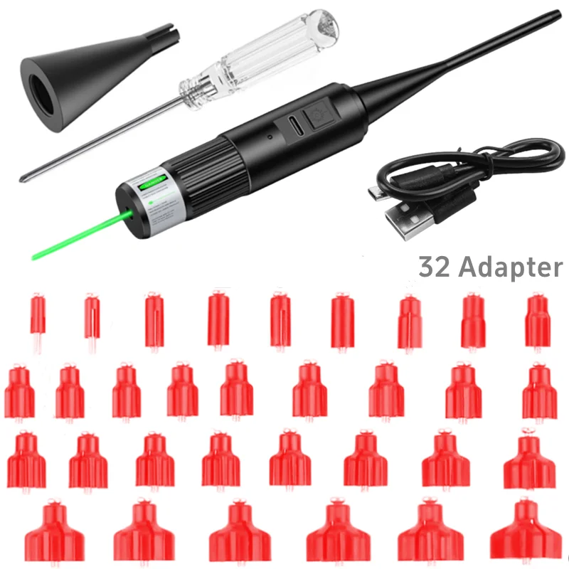 Rechargeable Professional Red/Green Sighter with 32 Adapters 0.17 177 to 12GA Laser Boresighter Collimator