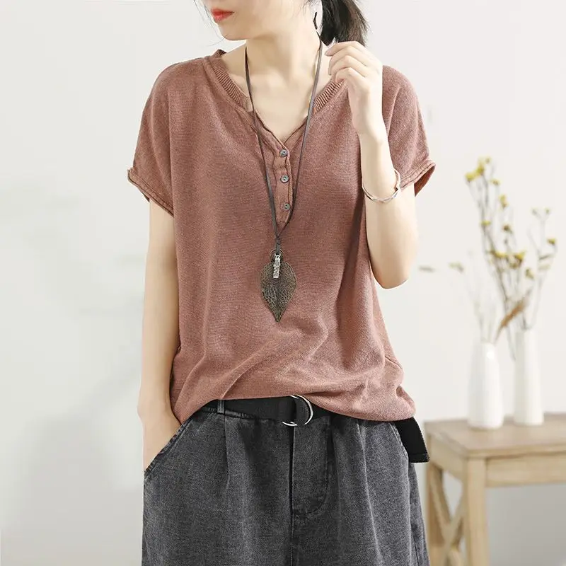 Women Monochromatic V-neck Short Sleeve T-Shirt, Loose Tops, Casual Clothes, Office Lady, All-match, Simplicity, Summer Fashion