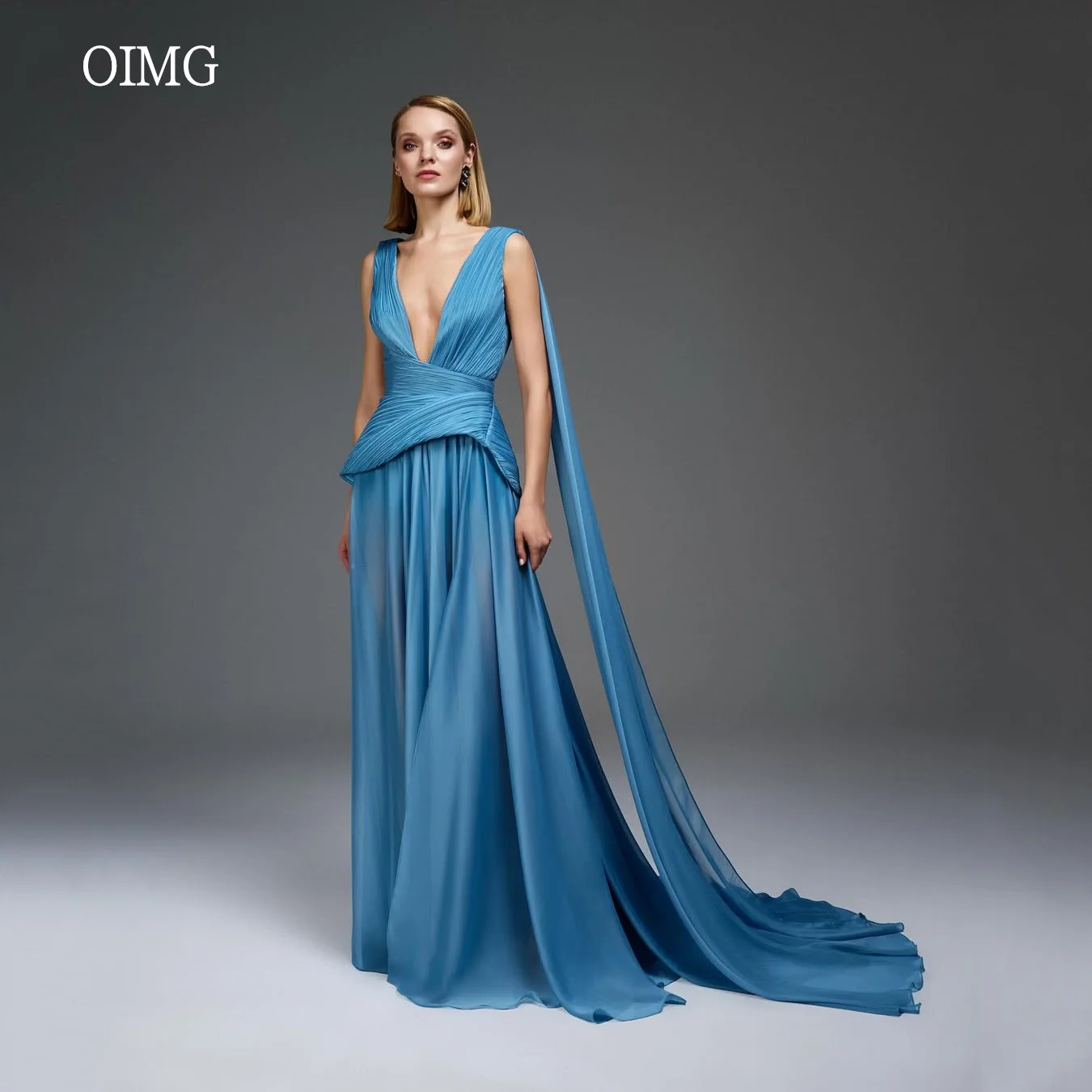 

OIMG Elegant Blue V Neck A Line Prom Gowns Sleeveless Party Gown Slit Floor Length Evening Dress vestidos de gala Customized