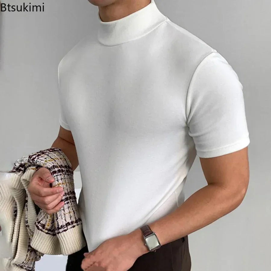 2025 Men's Summer Casual Tight T-shirt Solid Fashion Streetwear High-neck Short Sleeved Bottoming Shirt Male Oversized T Shirt