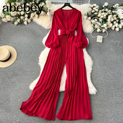 New Autumn V Neck Jumpsuits for Women Long Puff Sleeve Belt Design Loose Wide Legs Pleated Pants Streetwear Fashion OL Bodysuits