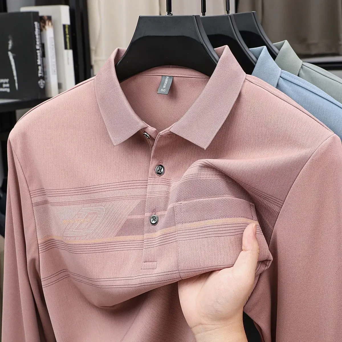 Autumn Men Striped Printed Polo Shirt Long Sleeve High-End Embroidered Collar Pocket Dad Style Top