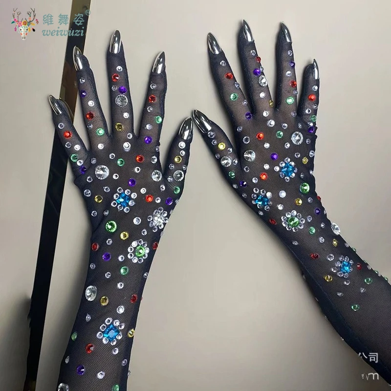 Sarung Tangan Pernikahan Pengantin Berlian Imitasi Seksi Mewah dengan Kuku Palsu Ornamen Penyanyi Aksesori Panggung Pesta Sarung Tangan Tabir Surya