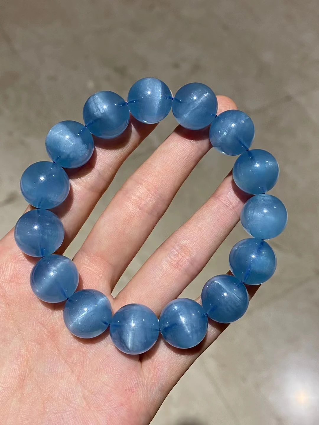 Pulsera de cuarzo de Aguamarina azul Natural, joyería de 14,8 MM, Ojo de Gato, cuentas redondas transparentes, piedras preciosas, piedra rica para mujeres y hombres AAAAAAA