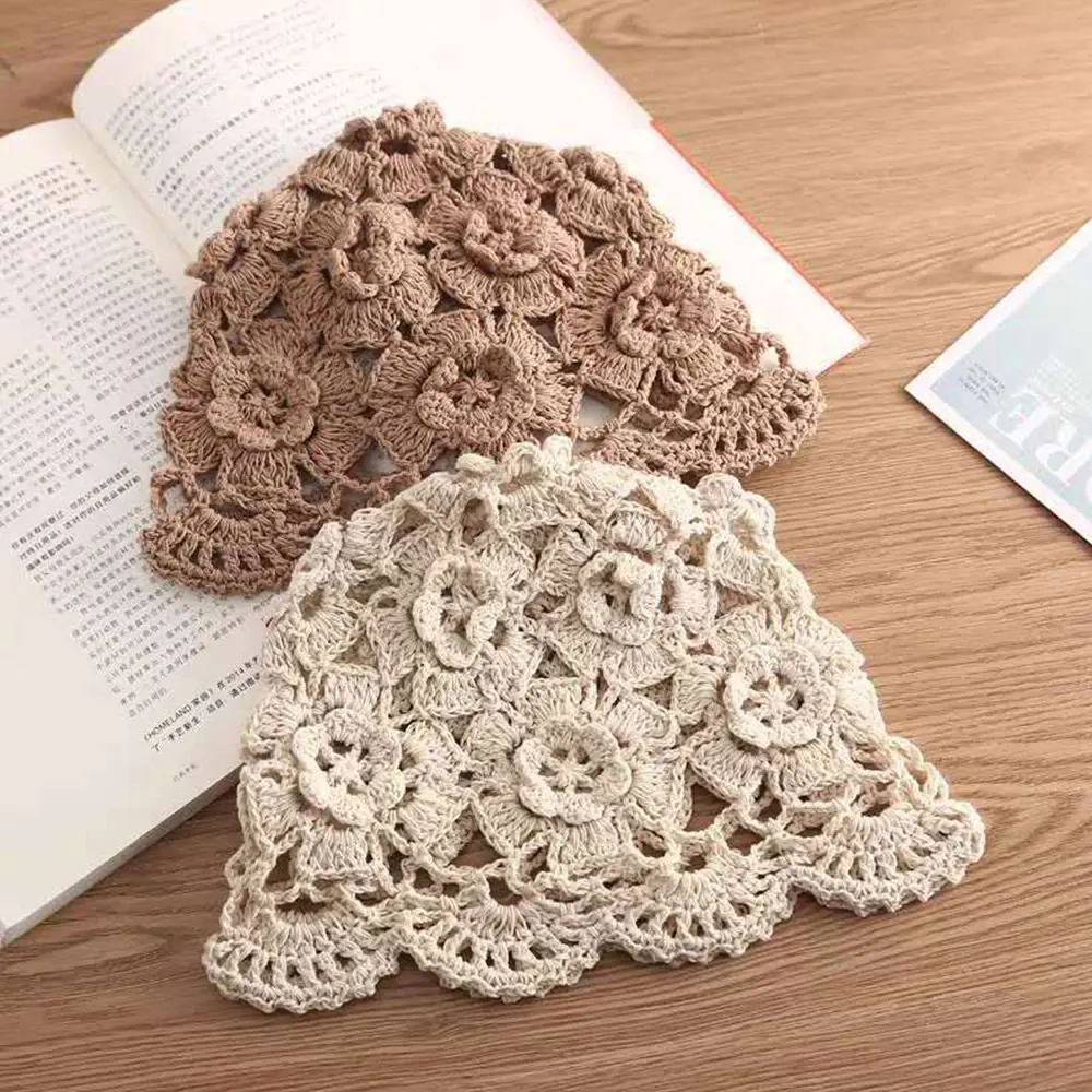 Breathable Hollowed Out Baotou Hat Casual Handmade Knitted Hat Fashion Flowers Skullies Hat for Women