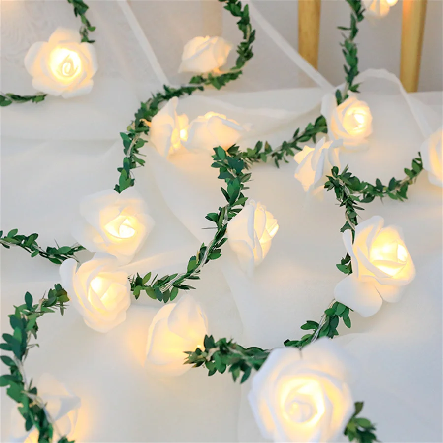 10/20/40LED Artificial White Rose Vine String Light Leaf Flower Fairy Light Battery Powered Garland For Xmas Wedding Party Decor