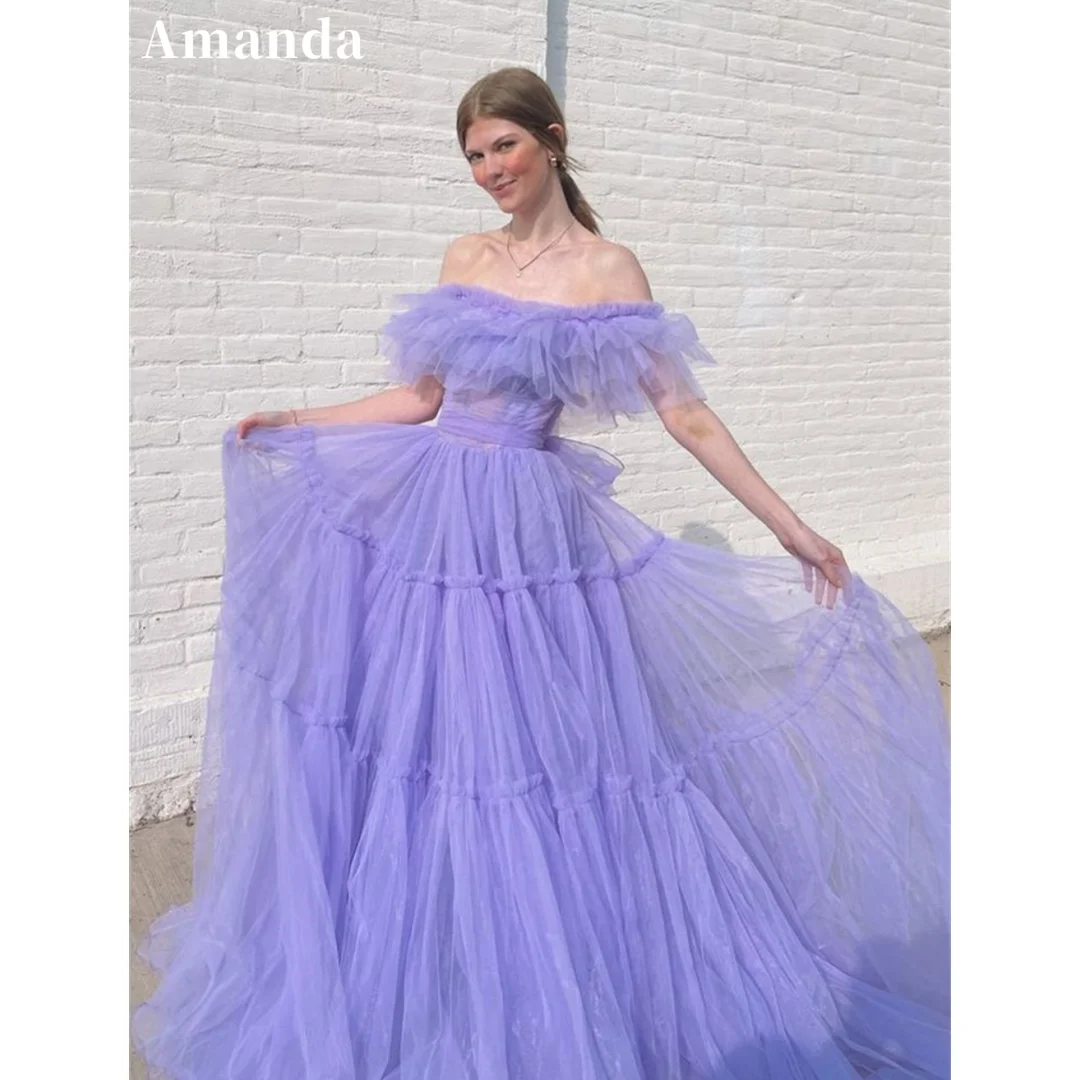 Amanda Lavender Tulle vestidos de noche Off the Shoulder A-line Prom Dresses Elegant Sleeveless Floor-Length Formal Evening 2024