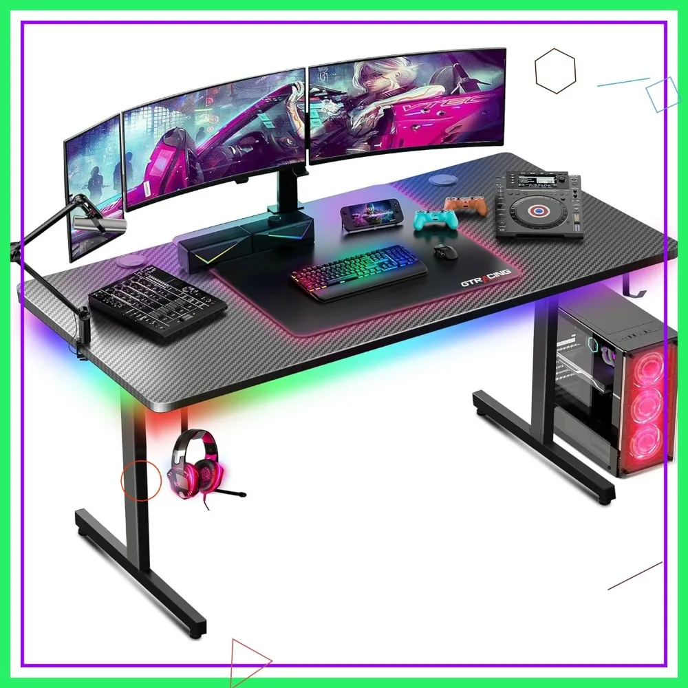 55 Inch Gaming Desk with LED Lights, Carbon Fiber Surface Computer Desk with Mouse Pad and Headphone Hook for Home Office