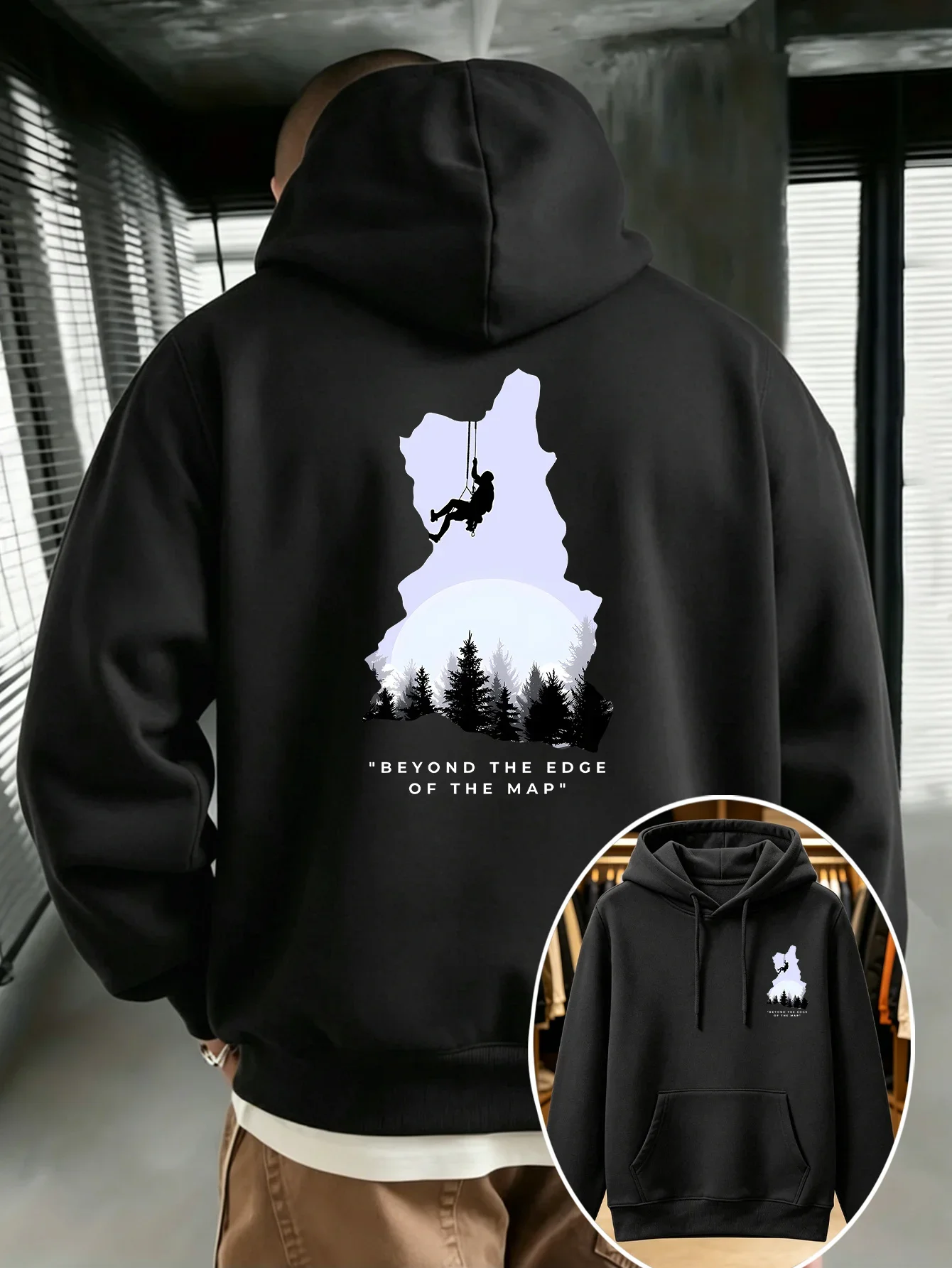 Outdoor Adventure Men Hooded Sweatshirt Mountain Climber Forest Nature Art Print Autumn Winter Fleece Lined Streetwear Hoodie
