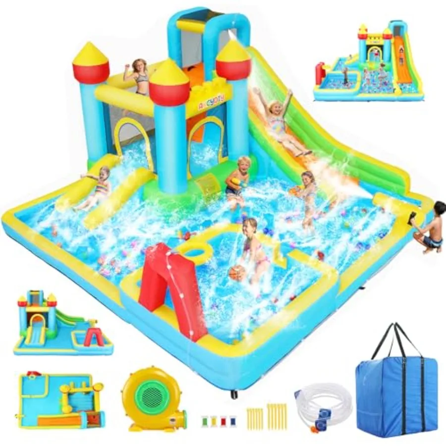 Outdoor/Indoor Bounce House Water Slide for Ages 3-12 PVC Material Blue/Red Dual-Lane Slide with Deep Pool Inflatable Bounce Ar