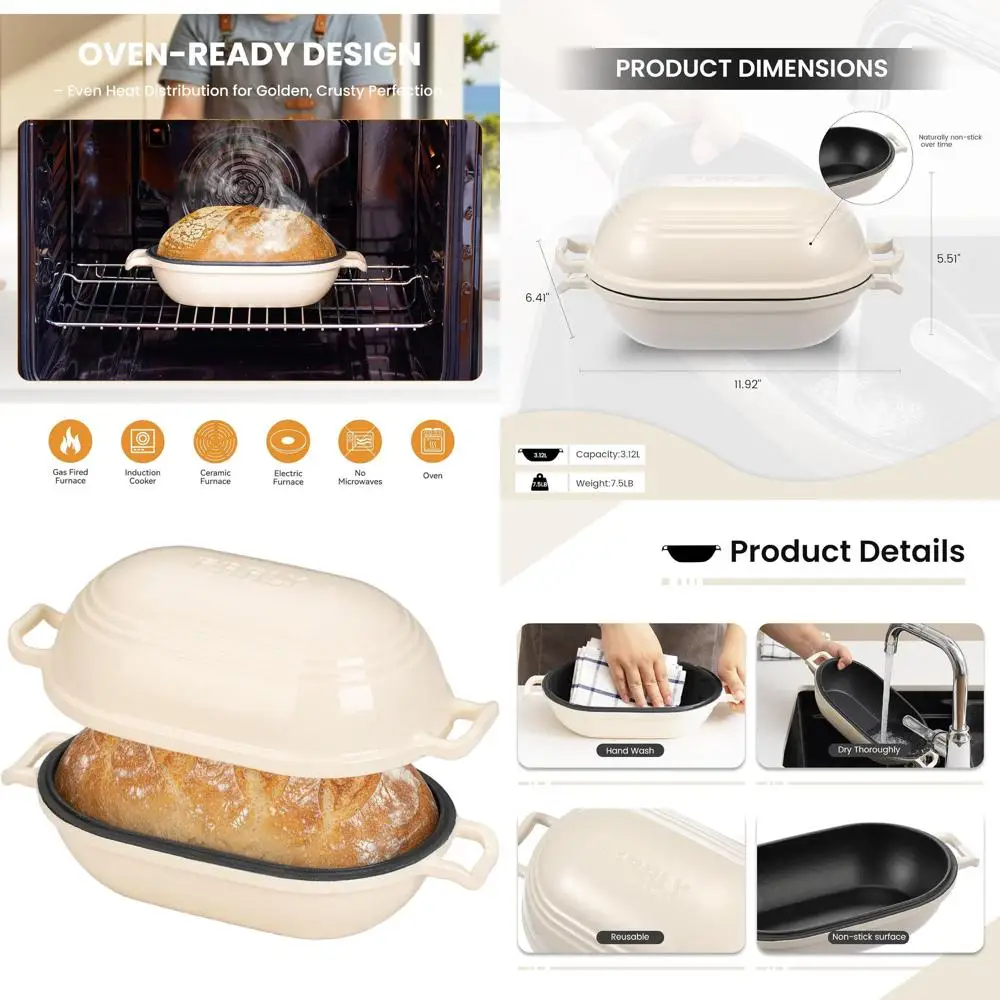 

9 x 5.8 Inch Oval Enamel Cast Iron Dutch Oven with Lid for Sourdough Bread Baking and Meatloaf, 2.8 QT Oven Safe Pan