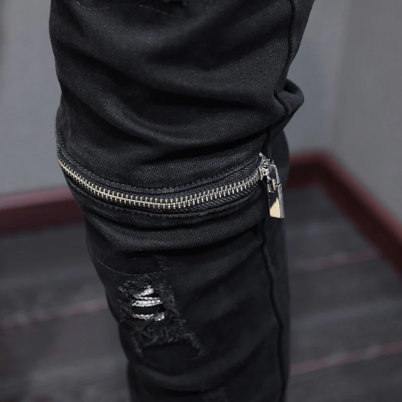 High Street Fashion Men Jeans Black Stretch Slim Fit Patched Ripped Jeans Men Zipper Spliced Designer Hip Hip Y2K Denim Pants