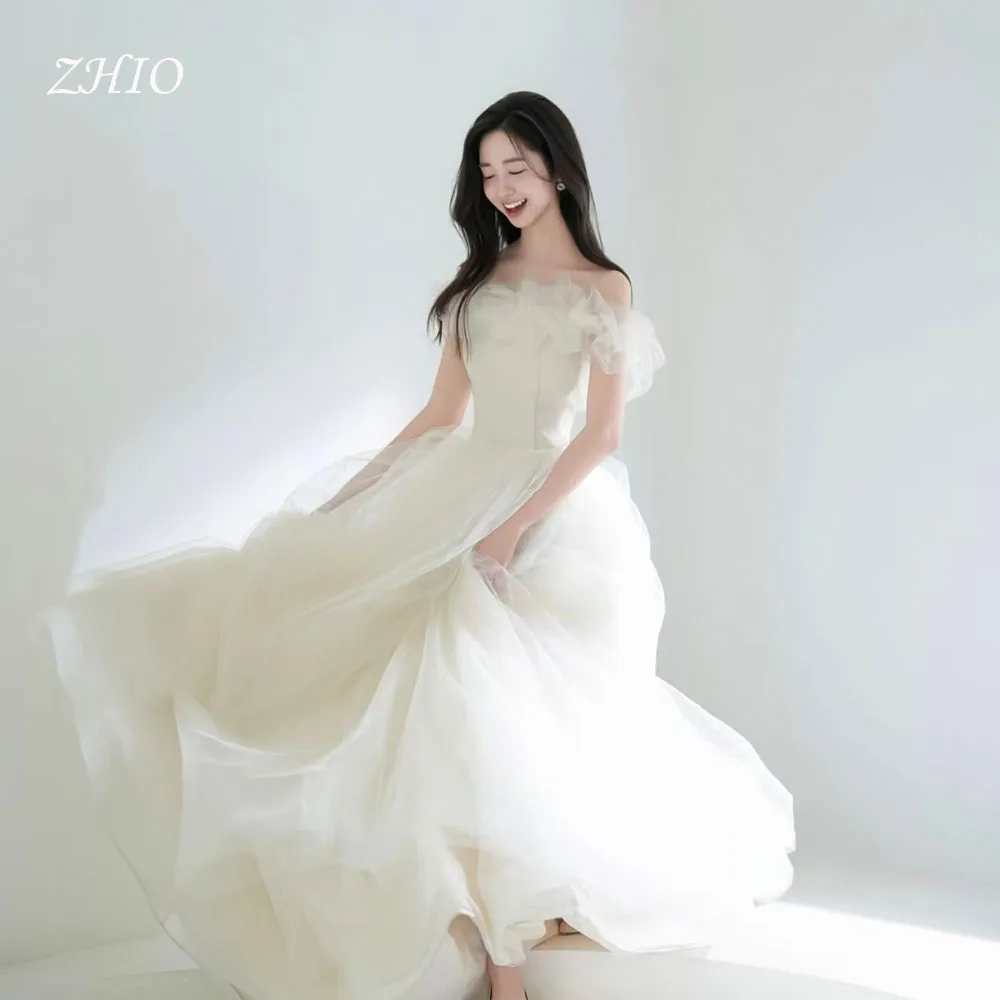 ZHIO Fairy Ivory Tulle Wedding Dress Ruched Remove Sleeves A-Line Korea Photo Shoot Bridal Reception Gown Customized 저녁 드레스