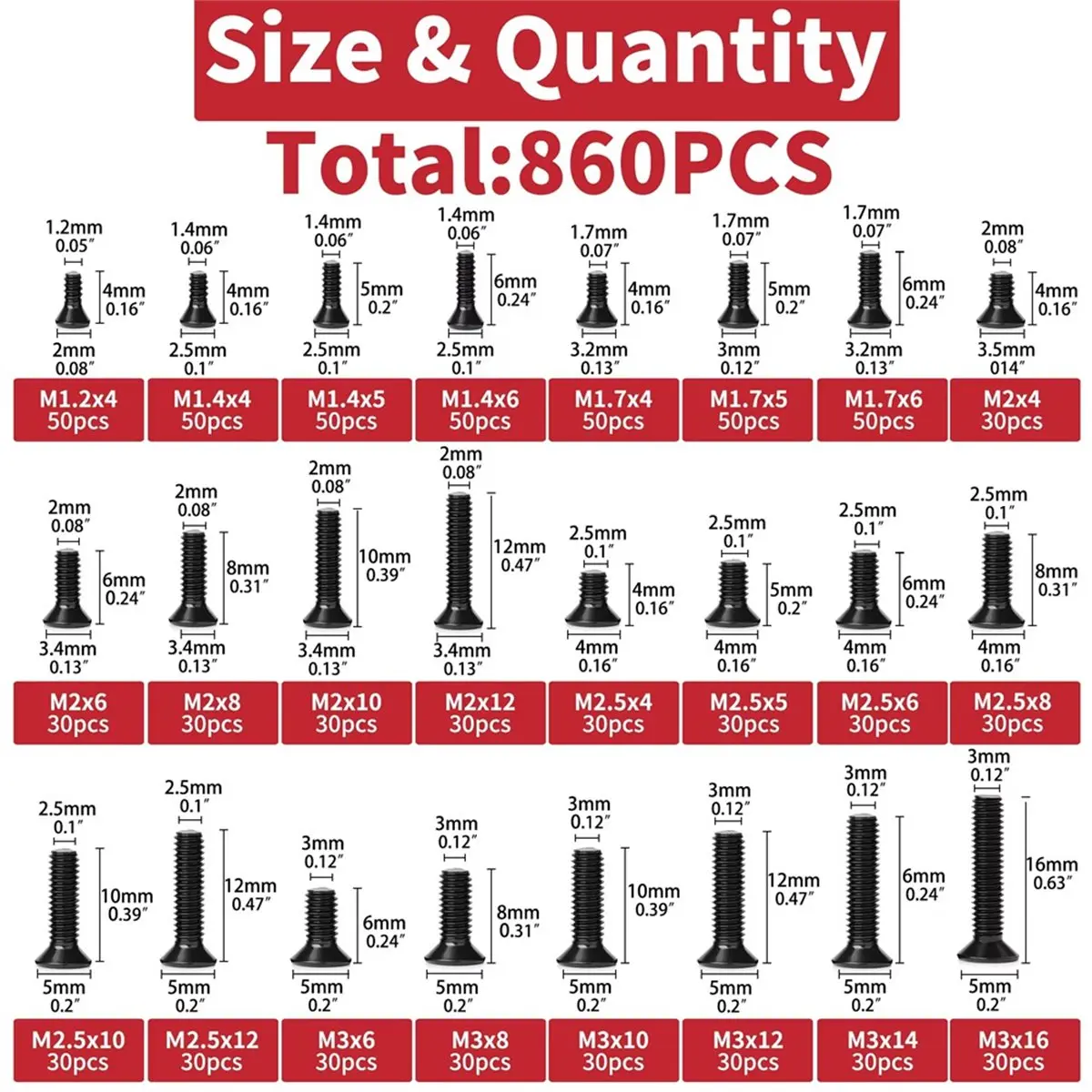 COFA 860 PCS Small Computer Screws Assortment Kit, Black Tiny Eyeglass Screws M1.2 M1.4 M1.7 M2 M2.5 M3, PC & Laptop SSD Hard