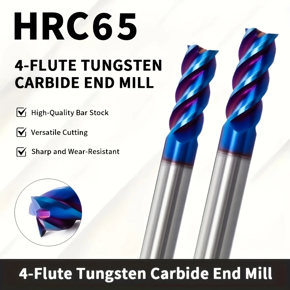 65HRC Nano Blue Coated Solid Carbide End Mill, Wear-resistant Tungsten Steel CNC Cutter for Stainless Steel