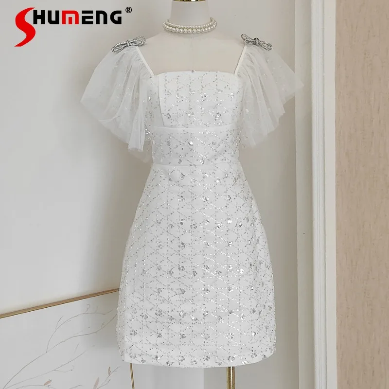 

French Style Chic Trendy Dress Mesh Cut Embroidery Beads Sequined Slim-Fit Diamond-Studded Bow Lace-up White Color Sweet Vestido