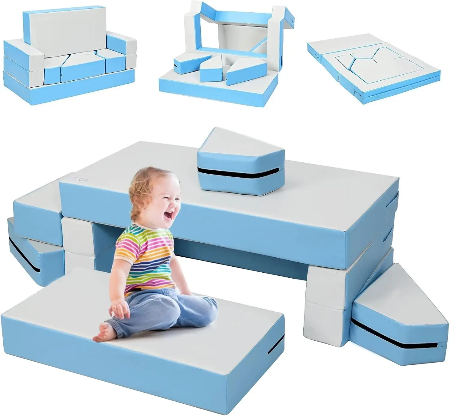 

4-in-1 Foam Playset, Toddler Bed, Sofa, Table, Activity Blocks, 8-Piece Lightweight Kids Couch