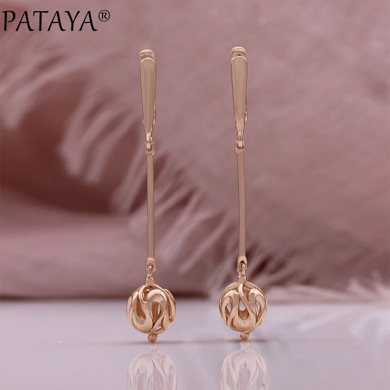Pataya novo étnico nupcial longo balançar brincos 585 rosa cor de ouro jóias de casamento incomum oco flor brincos diários para mulher