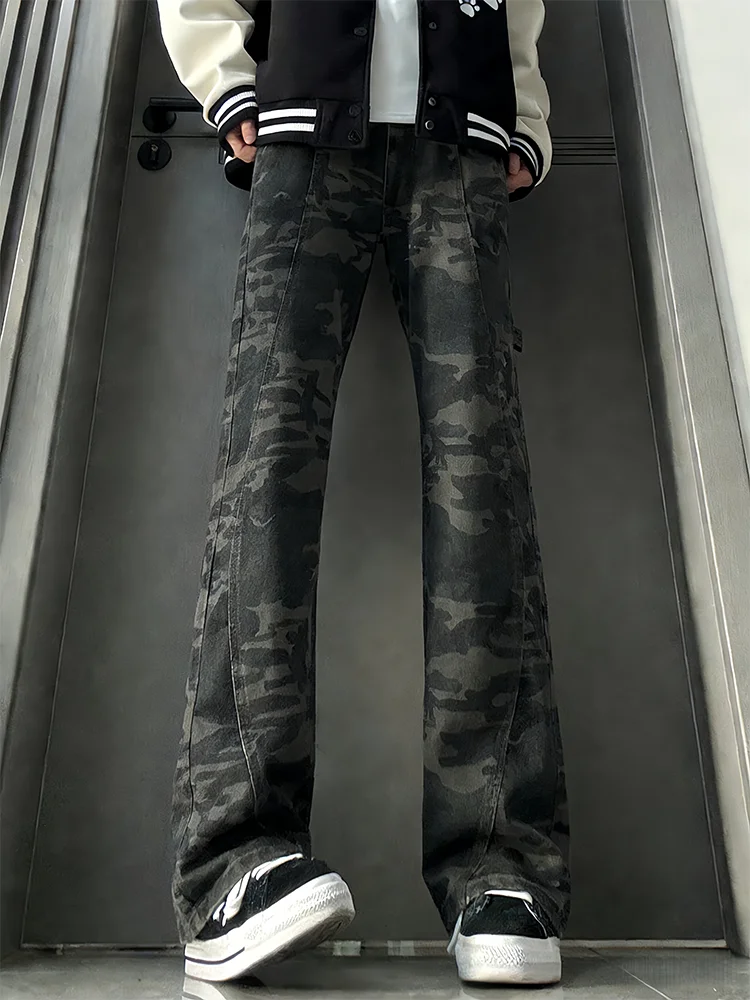 

American Style Belted Knife Camouflage Jeans Men's Design High Street Logging Straight Workwear Trousers