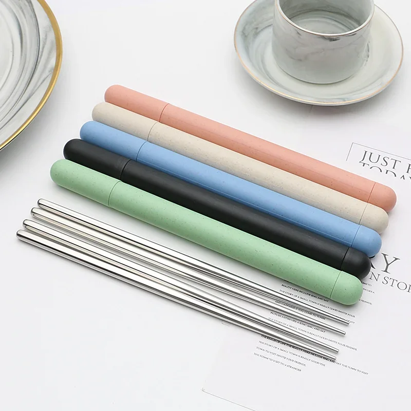 Palillos de acero inoxidable, vajilla de almuerzo, palillos portátiles de viaje con caja de almacenamiento, accesorios de cocina para el hogar, 1 par