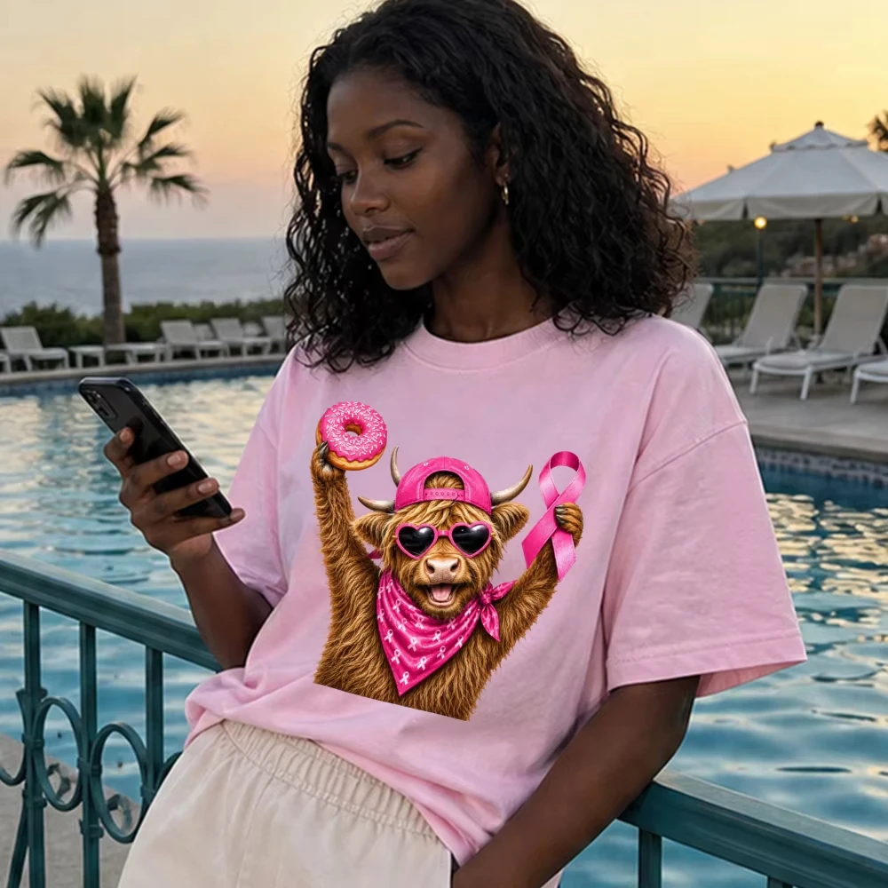 Pink Ribbon Highland Cow Tee Women Breast Cancer Awareness Western Farm Animal Short Sleeve Cotton T-Shirt Donut Gift Tops