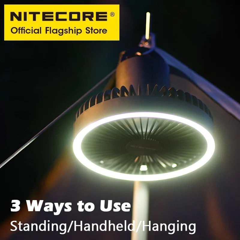 Nitecore Camping Electrice Fan, USB-C recarregável, ventiladores de teto, 10000mAh Power Bank, LED Ring Light, tripé ajustável, NEF10, 3 em 1