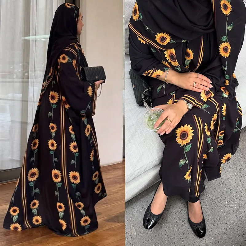 

Two Piece Black Abaya Set with Sunflower Print & Matching Hijab - Open Front Long Sleeve Modest Dress