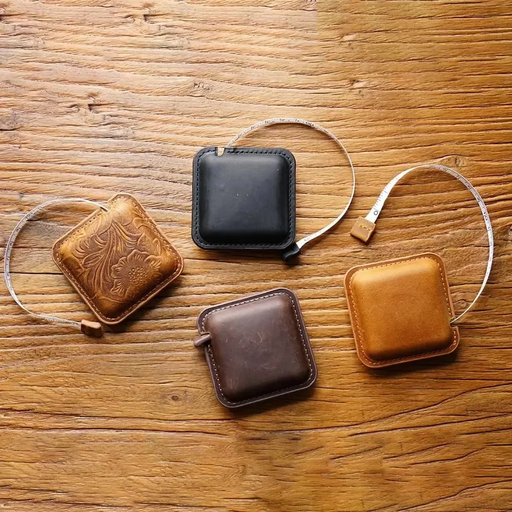 Mini Handmade Roll Tape  Measure Head Layer Cowhide Pull Vintage Measuring Tape Retractable Keychain Pendant Tape Measure