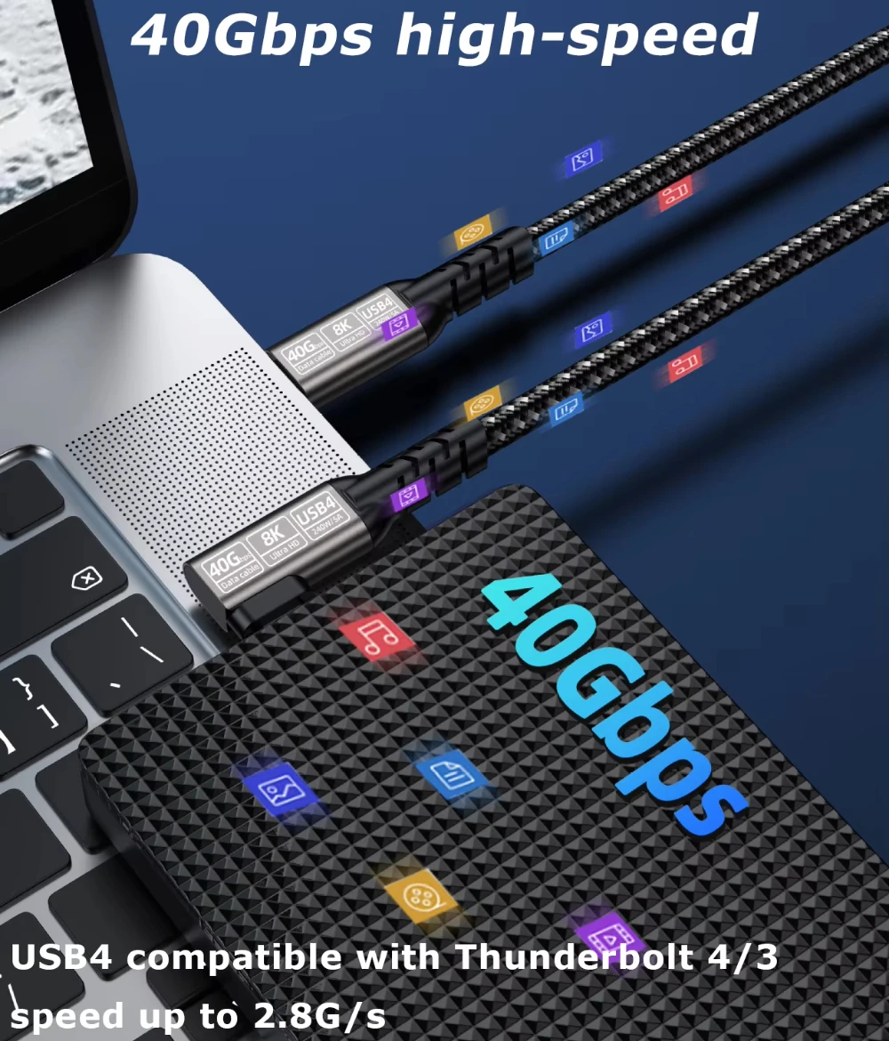 90 Degree Elbow USB4 Thunderbolt 4 Cable 240W PD 3.1 40Gbps 8K 60Hz Type C Fast Charging Data Transfer Cord For MacBook Mac Pro