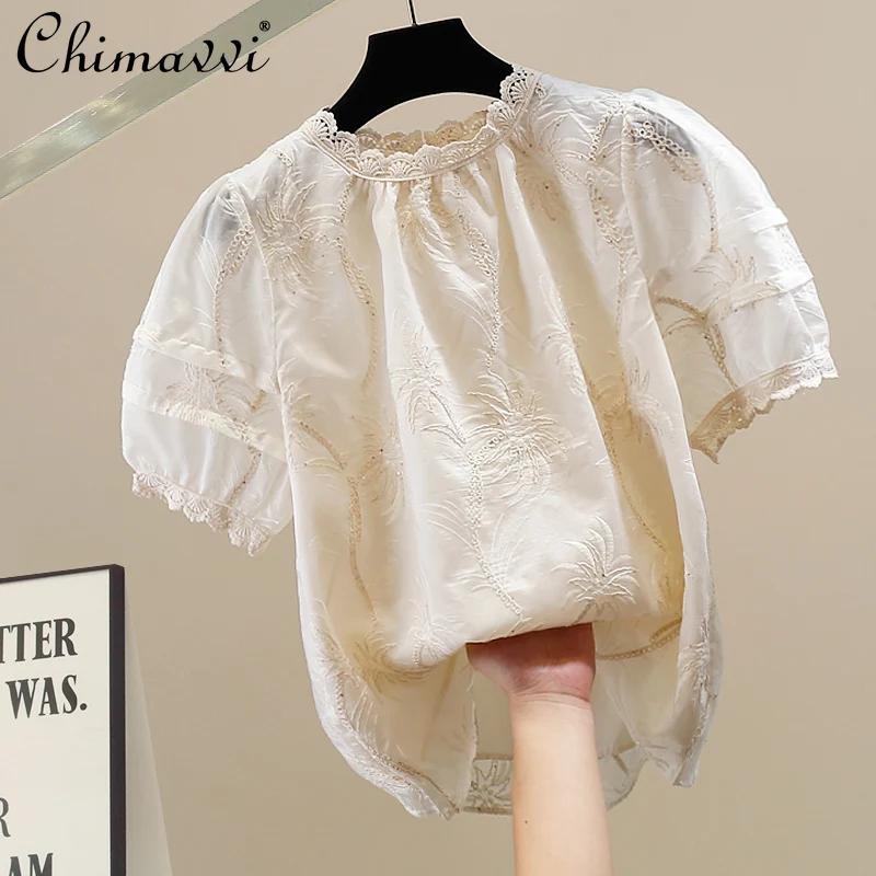 

Fashion Heavy Embroidery Decorative Round Neck Lantern Sleeve Shirt Summer New Sweet Girl Loose Elegant Loose Slim Top Blusas