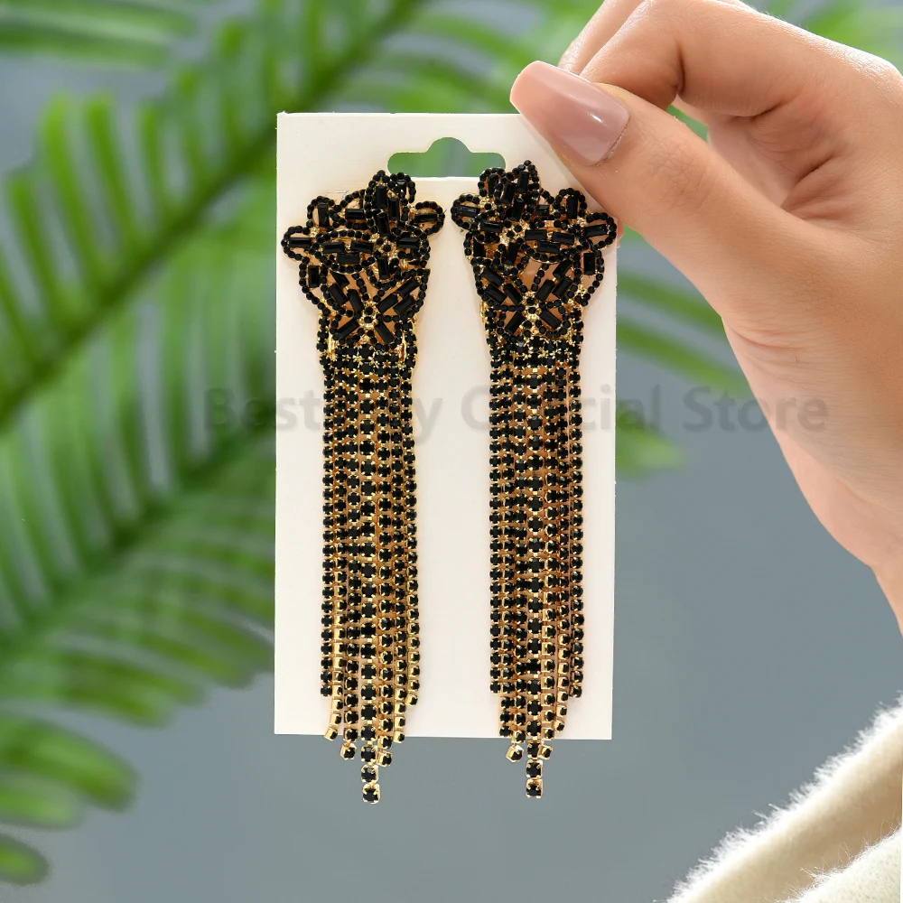 Boho Style Drop Hanging Long Tassel Crystal Chain Earrings Luxury Quality Designer Pendants Fashion Party Jewelry Gift For Women