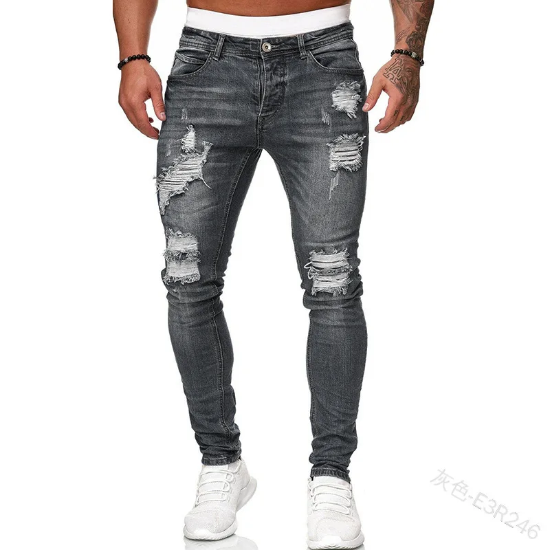 

New Spring and Autumn Men Pants Ripped Jeans Trousers Skinny Jeans Men Stretch Casual Pants Vintage Slim Men Clothing Streetwear