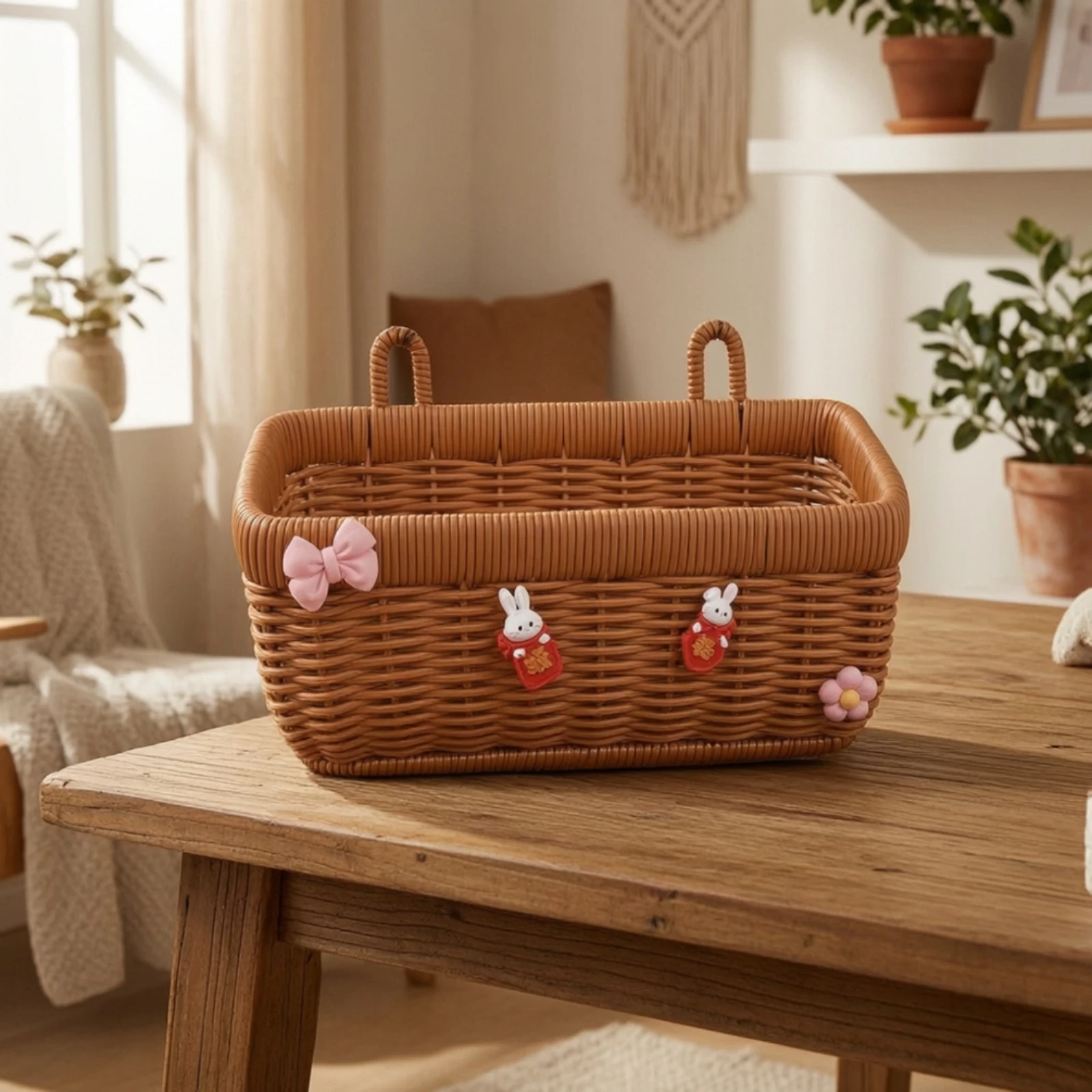 Wall Hanging Storage Basket Tapered Woven Basket with Hanging Tabs Rustic Boho for Entryway, Kitchen