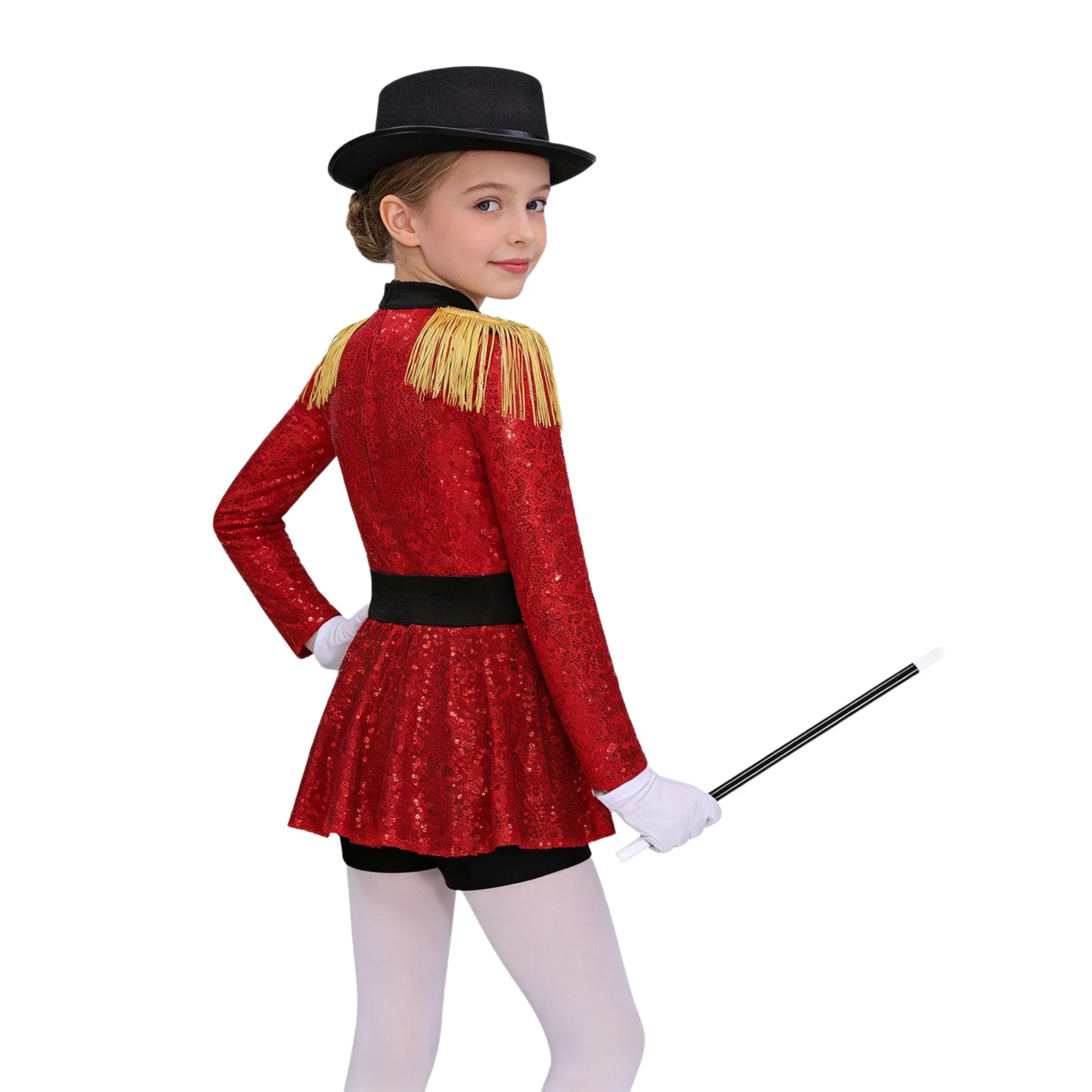 Girls Halloween Circus Ringmaster Magician Costume Carnival Party Lion Tamer Dress Up Long Sleeve Sequins Leotard Dress Gloves
