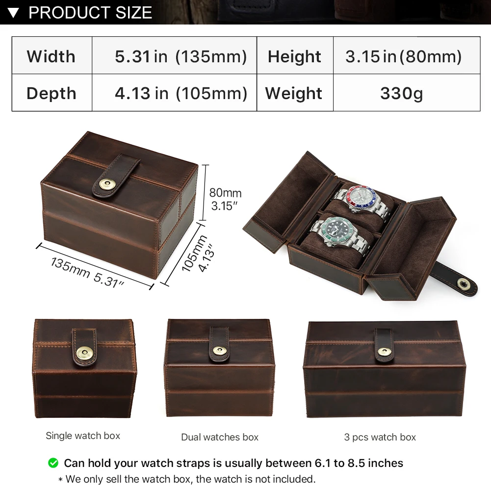 CONTACT\'S FAMILY Retro Genuine Leather Luxury 2 Slots Storage Case with Metal Button Travel Portablel Pillow Watch Holder