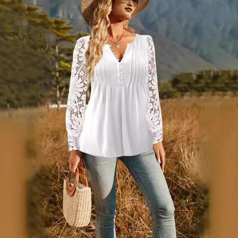 Damska bluzka z długim rękawem Casual V Neck Button Slim White Office Lady Pullover Shirt Fall Tops Camisas & Blusas