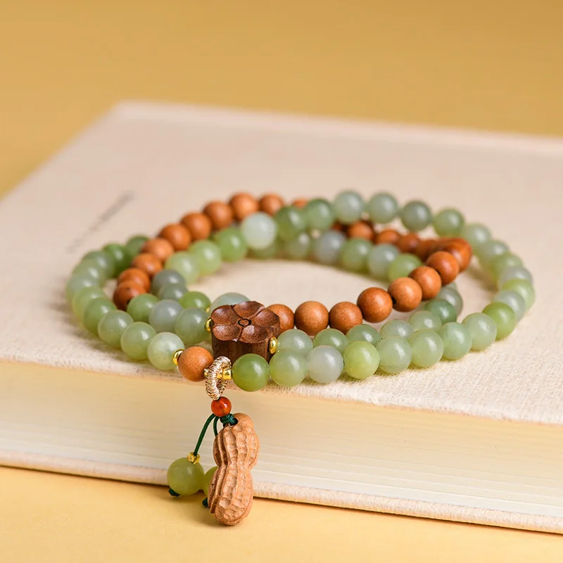 Natural Jade Sandalwood Triple Wrap Bracelet with Flower Peanut Pendant New Chinese Style Bracelet Gifts