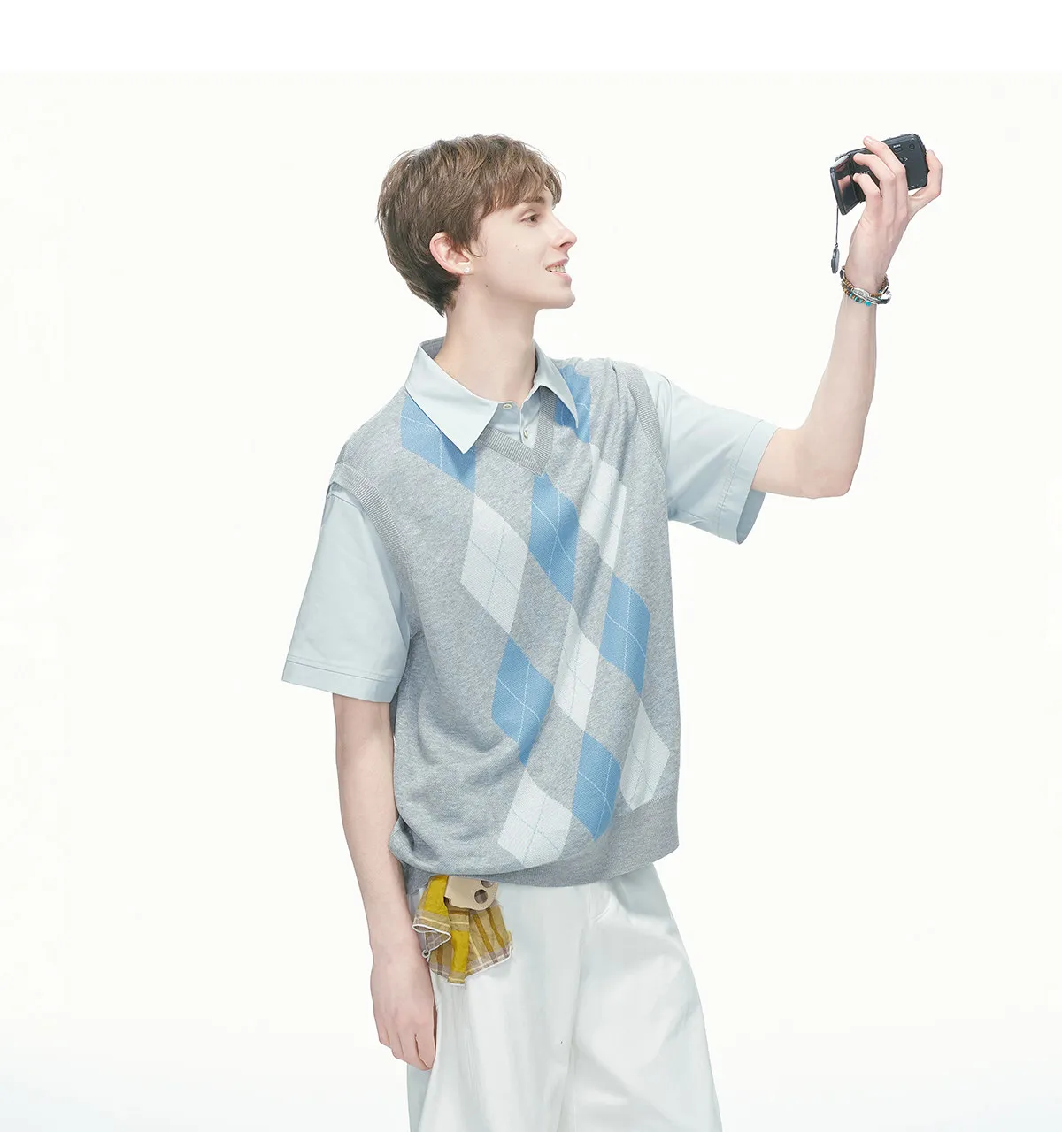 Summer Korean College Style Men Argyle Knit Fake Two-Piece Short Sleeve Shirt Light Blue Gray Spliced Loose Lapel Casual Blouse