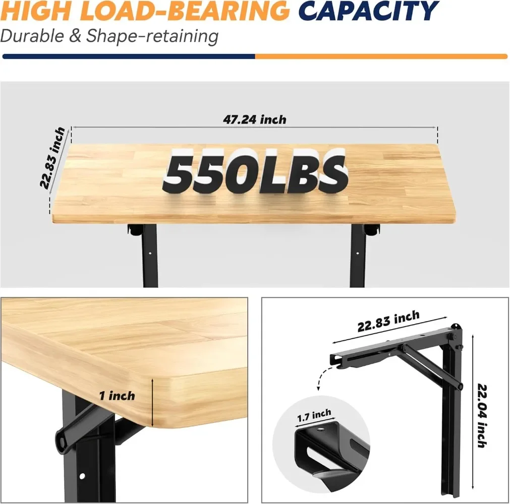 Banco de trabalho dobrável montado na parede de 48", mesa de trabalho dobrável resistente, garagem, escritório, casa, comporta até 550 lb