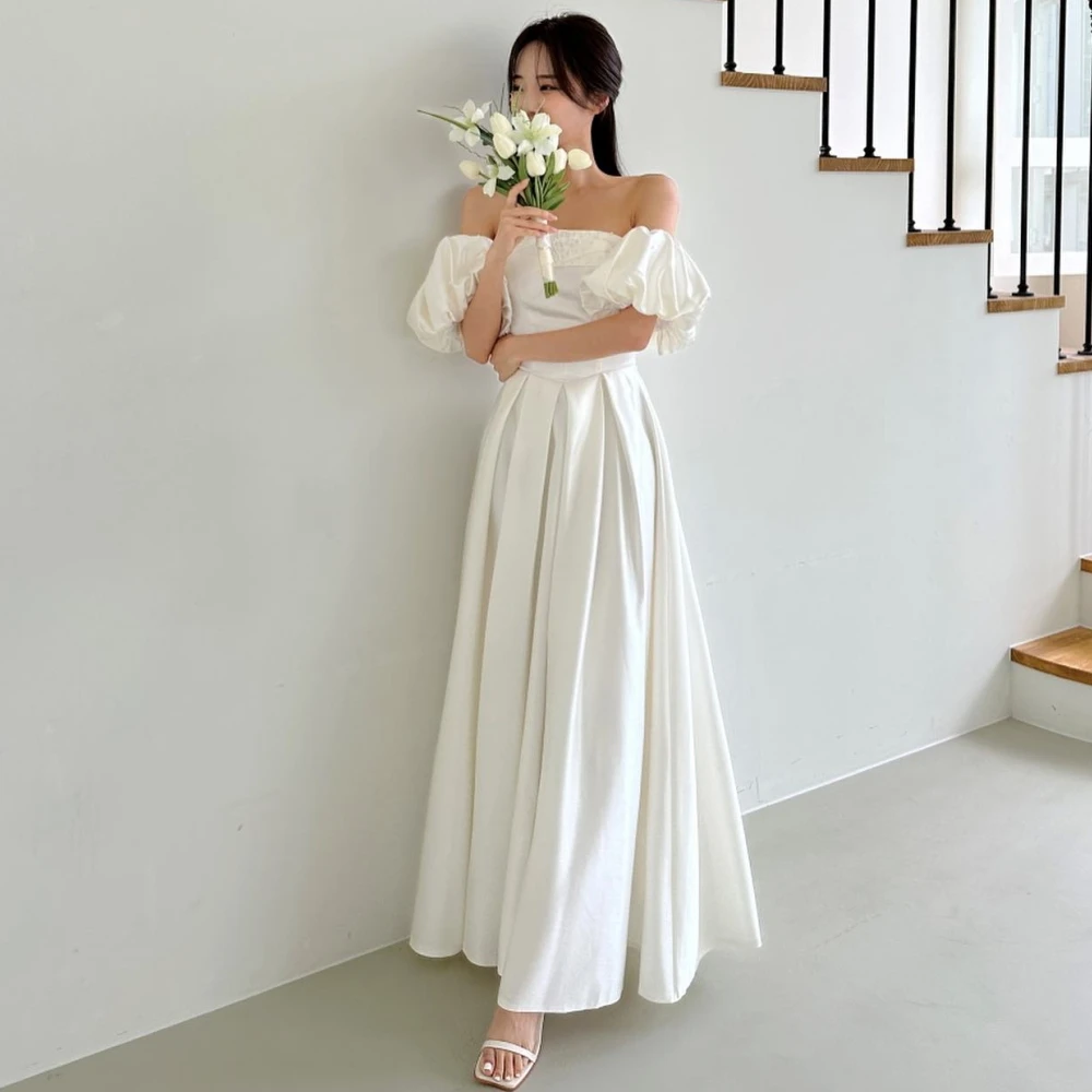 

SONDR Off Shoulder Satin Custom Made Puff Sleeves Elegant Wedding Dresses A-Line Ivory Korea Brides Gowns Women Bridal Dresses