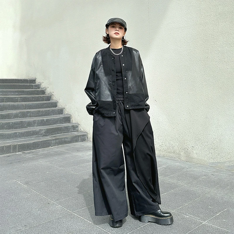 Masss Wasss Korean Winter Womens Fashion Vintage Casual Pu Jackets Biker Outerwear Ladies Oversized Patchwork Faux Leather Coats