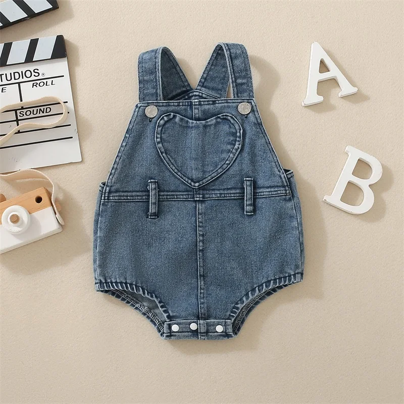 FOCUSNORM 0-24M Lovely Baby Girls Boys Denim Overalls Romper Floral Heart Print Sleeveless Jean Bodysuit with Pocket