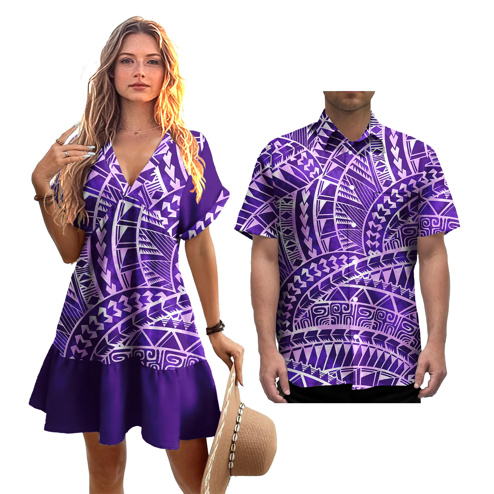 Custom 2 ชิ้นชุดคู่ชุดผู้หญิงแขนสั้น Mermaid Mini Dress ชายเสื้อ Plus ขนาดพิมพ์ฮาวาย Polynesian Tribal