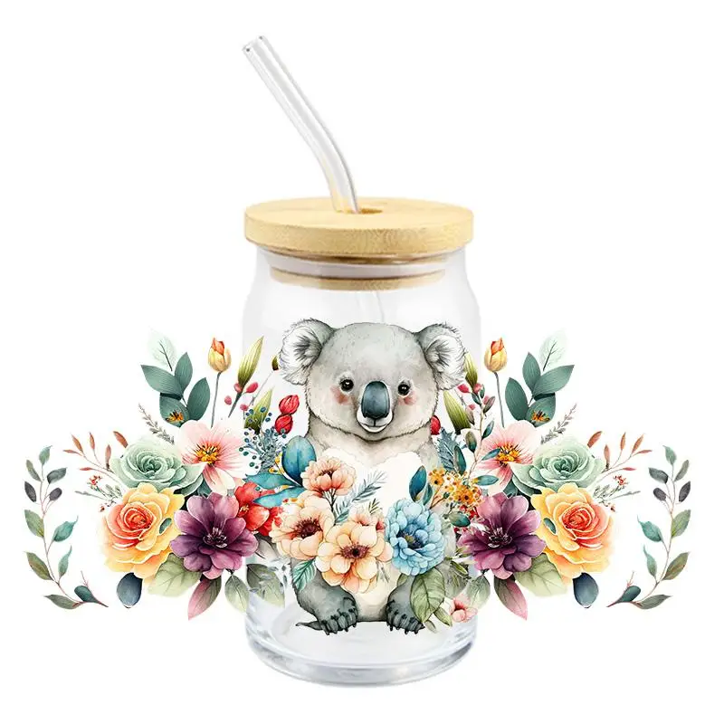 Bear Flower Cup Wraps UV DTF Transfer Stickers for16oz Libbey Glass Mug Waterproof  Wrap Decals Custom Logo