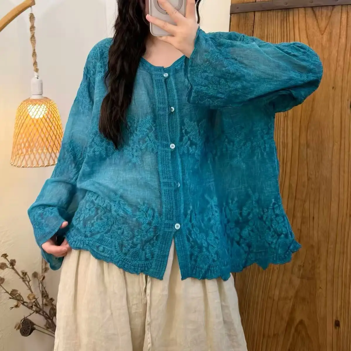 2026Women Cotton Shirts Summer Vintage Solid Embroidery Loose O-Neck Collar Three-Quarter Sleeve Female Tide Tops Wild